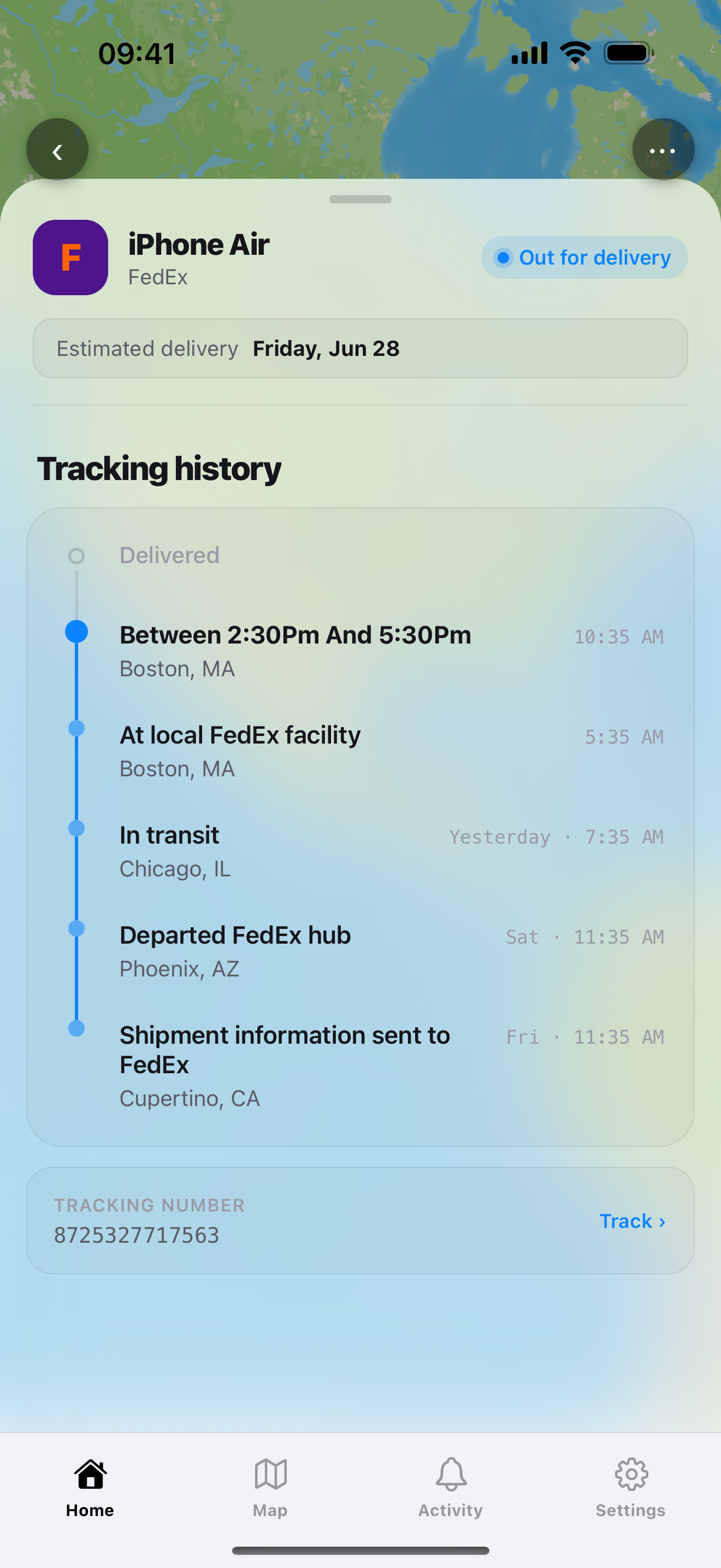 Package detail with tracking history