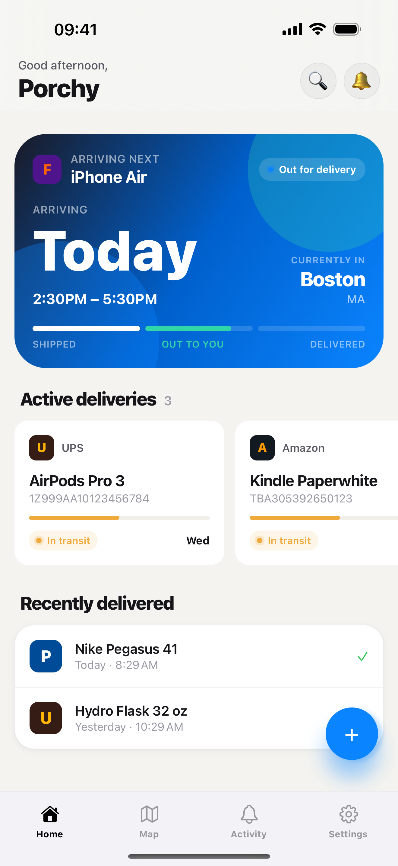 Porchy home screen showing an iPhone Air arriving today